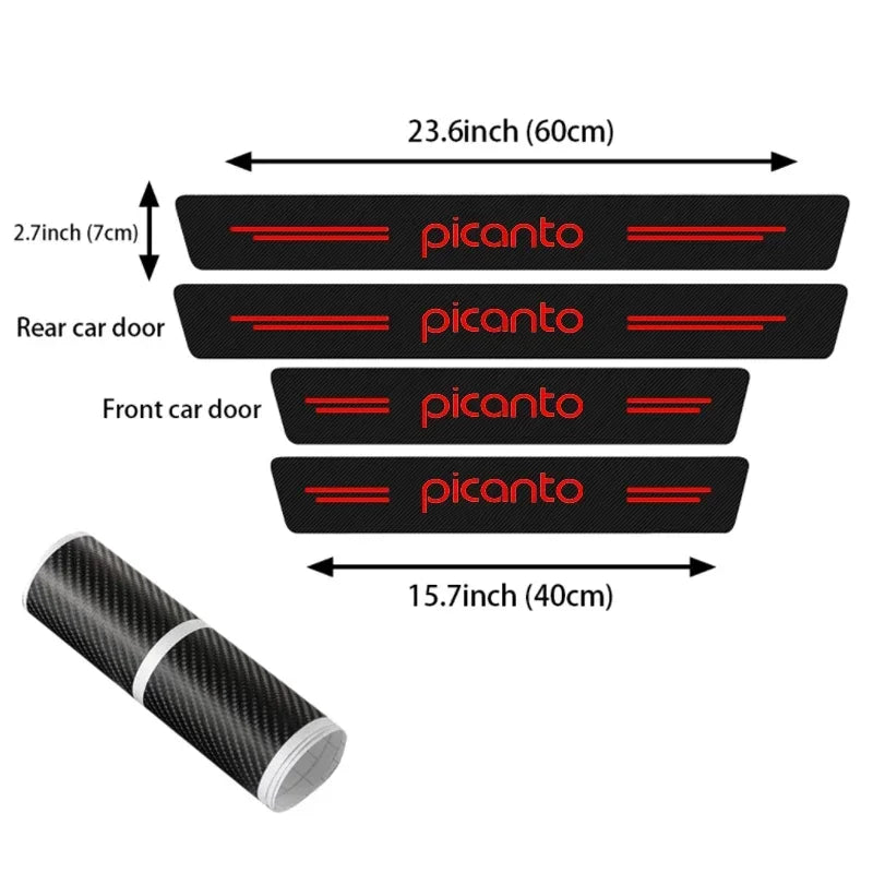 Calcomanías de fibra de carbono negra para protección de puertas de coche, mostradas con medidas y una muestra enrollada.