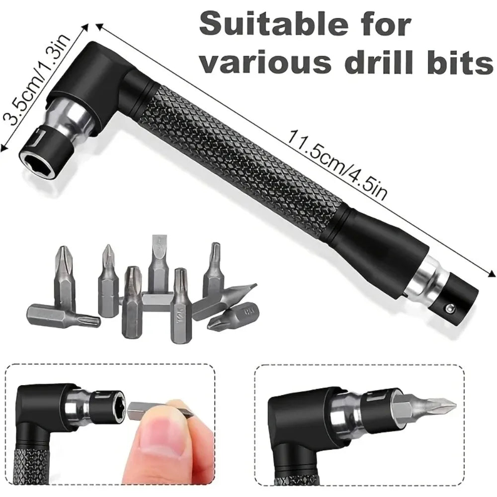 A black professional flexible drill bit extension set with a textured handle and various drill bits shown alongside an applic