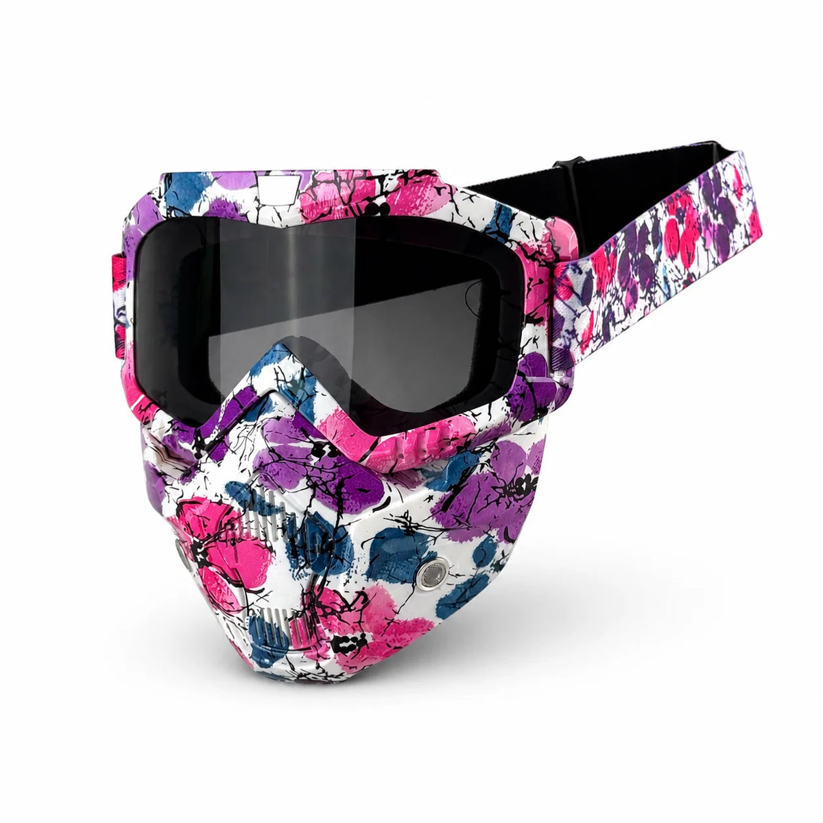 Tactical full face motorcycle goggles featuring a vibrant floral pattern with pink, purple, and white colors.
