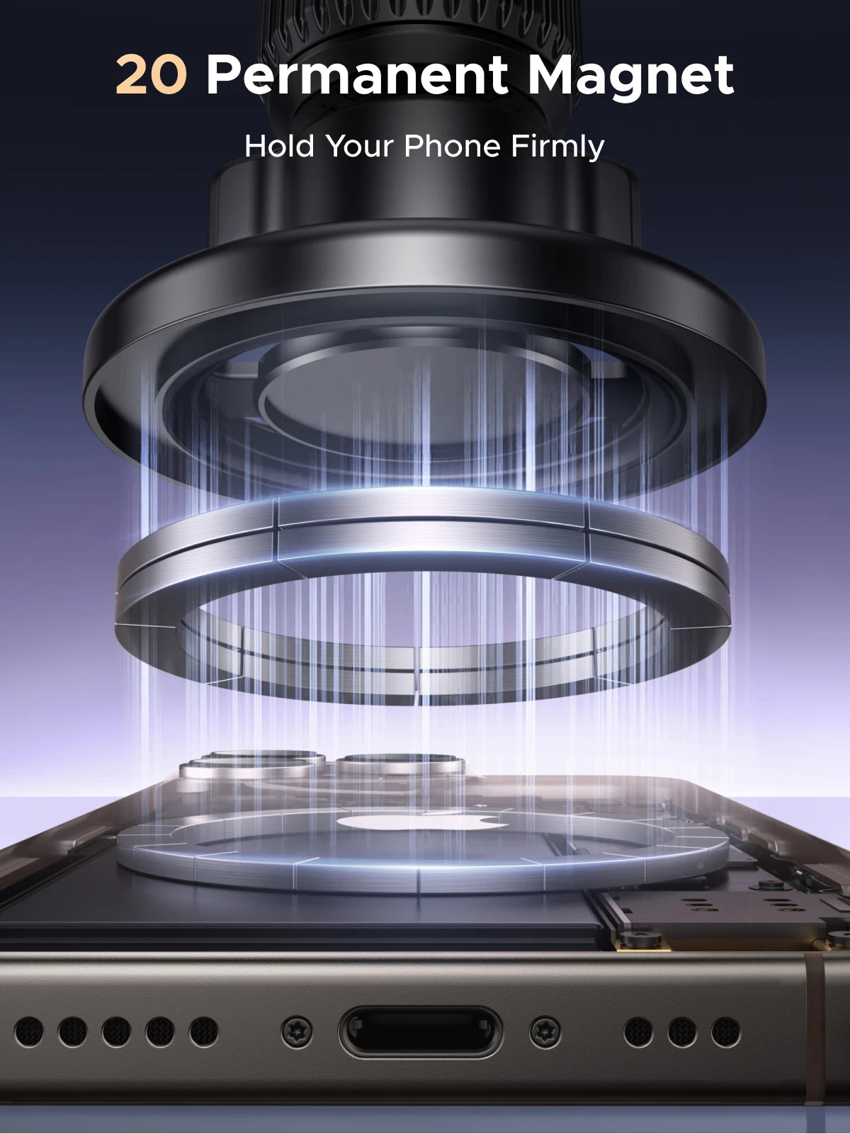A close-up view of a magnetic phone holder assembly with multiple rings and a base, designed to firmly hold a phone.