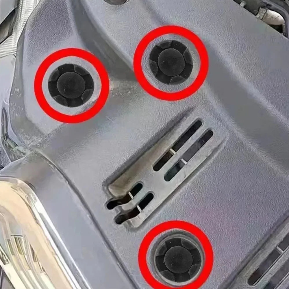 Close-up view of automotive plastic bumper clips on a car body panel.