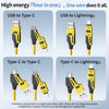 A set of high-energy four-in-one USB to Type-C and Type-C to Lightning charging cables in yellow and black.