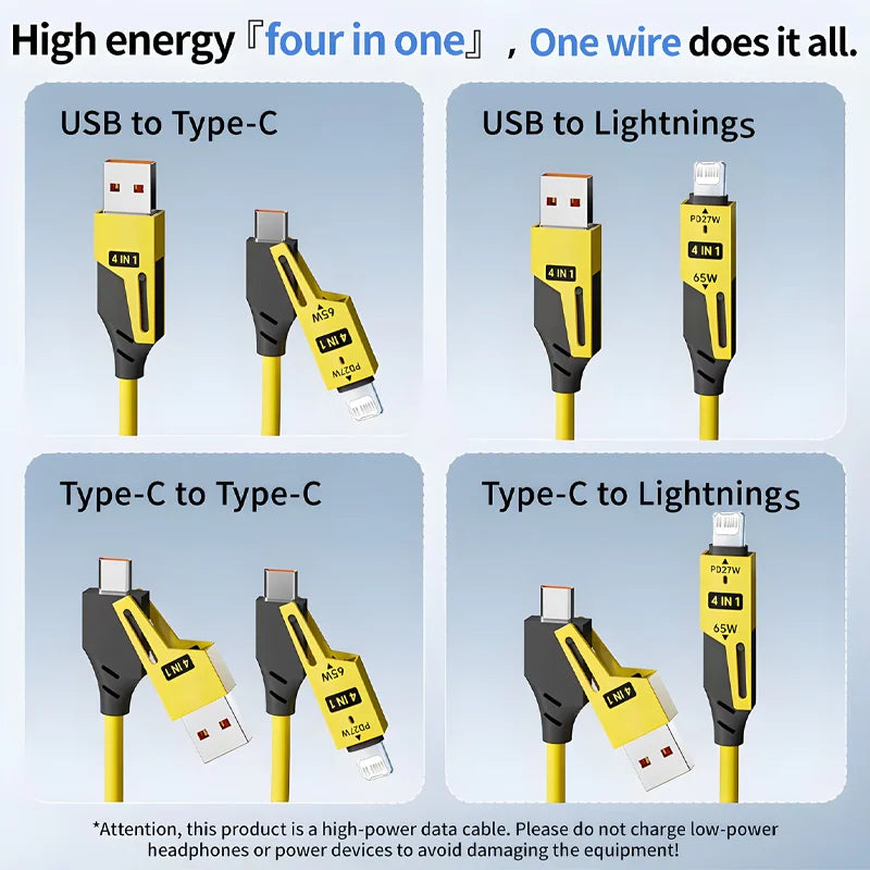 A set of high-energy four-in-one USB to Type-C and Type-C to Lightning charging cables in yellow and black.