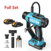 A full set of a blue and black portable tool kit including a power tool, tire inflator, vacuum, and LED light.