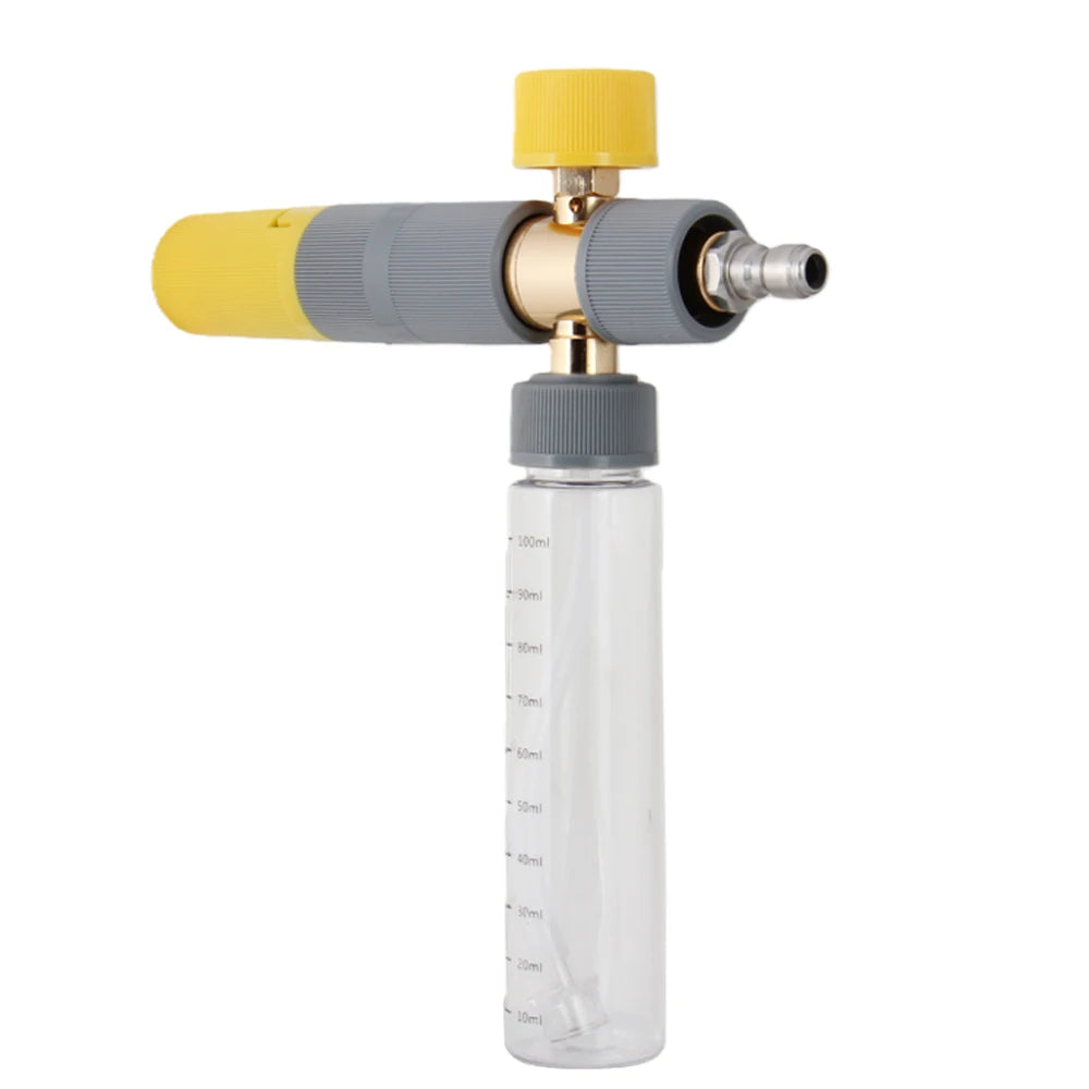 A yellow and gray high-pressure car wash foam lance with a clear plastic bottle attached.