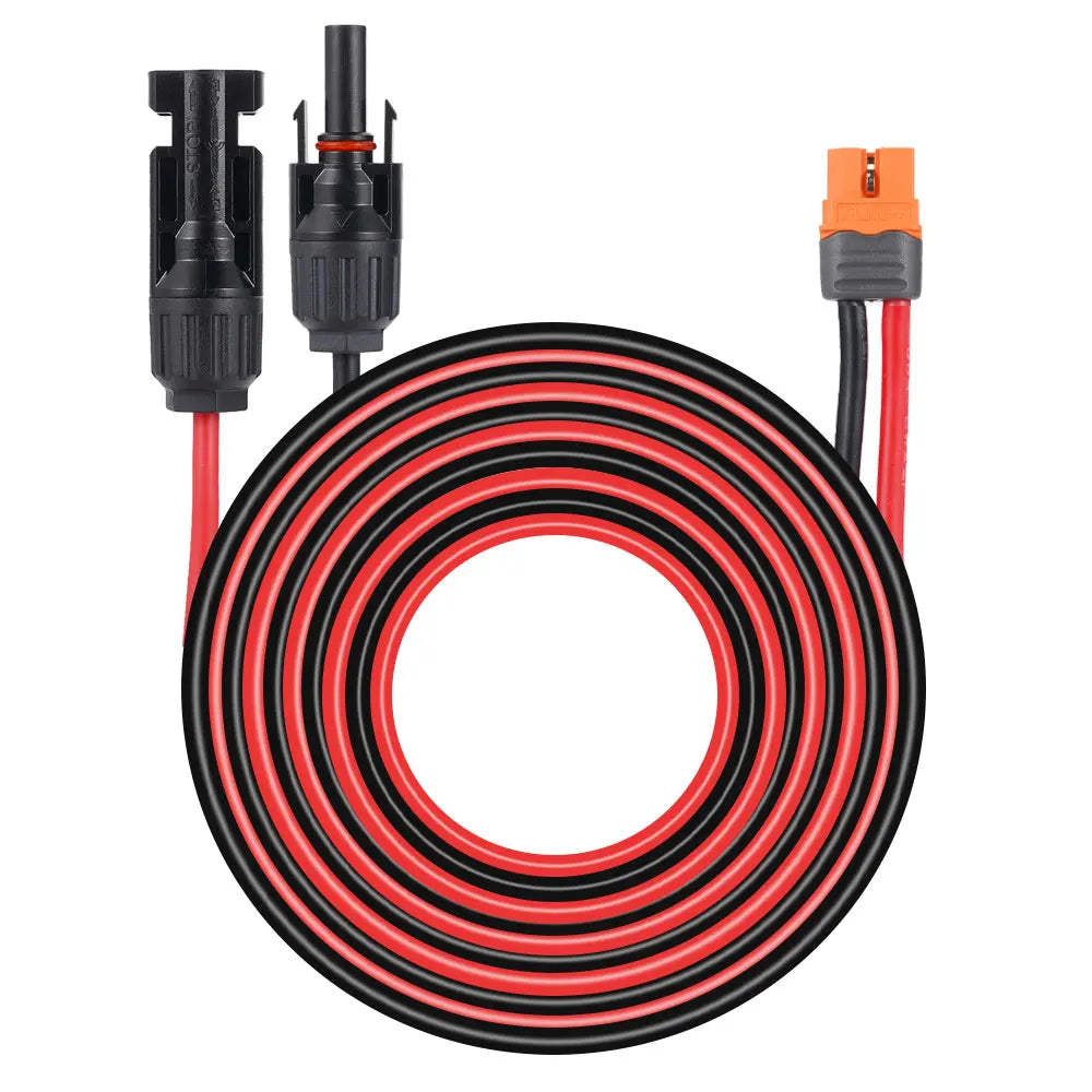 A coil of black and red electrical wire with various connectors, including a female plug.
