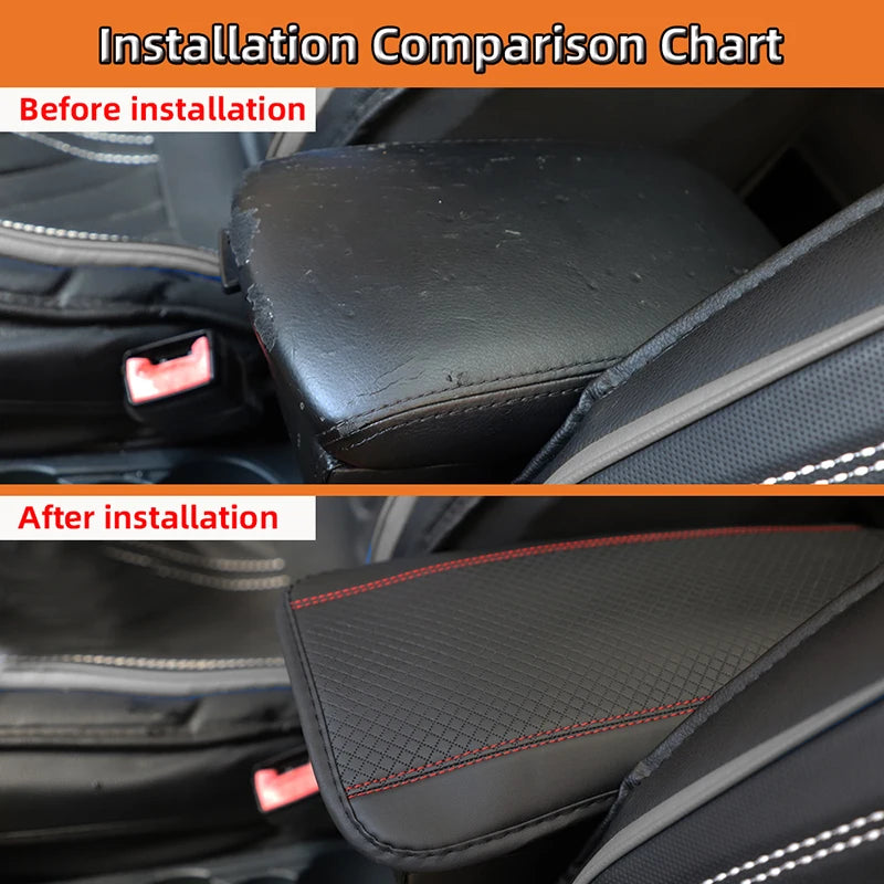 Vergleichstabelle, die eine Autoarmlehnenabdeckung zeigt, vor und nach der Installation.