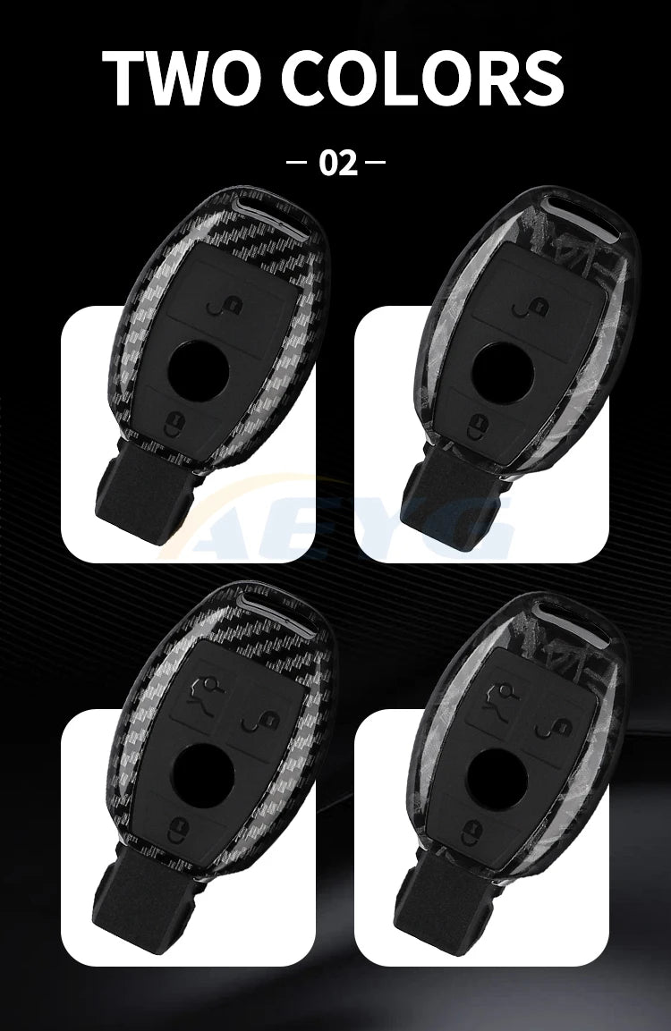 Two carbon fiber car key covers shown in different angles and colors.
