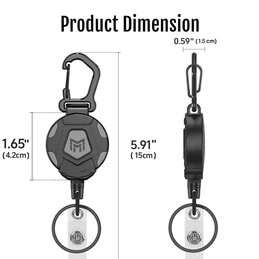A heavy-duty retractable keychain badge holder with a carabiner shown in a side view.