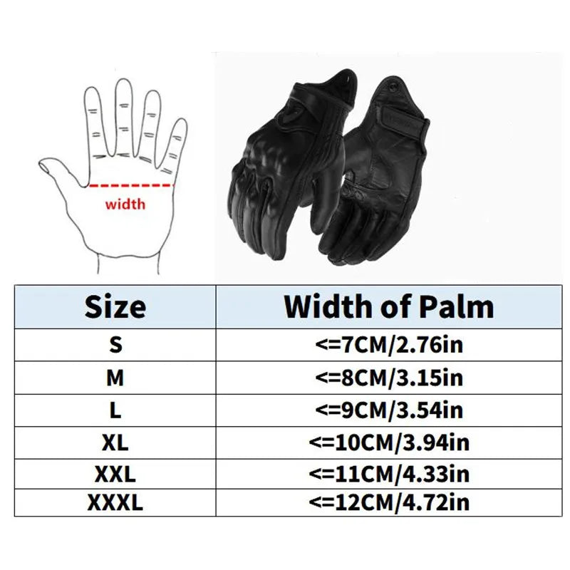 Diagram showing the size and width of a palm for motorcycle and cycling leather gloves.