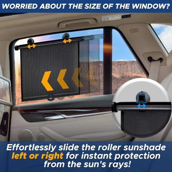 A roller sunshade is shown sliding left or right in a car window for instant protection from the sun's rays.
