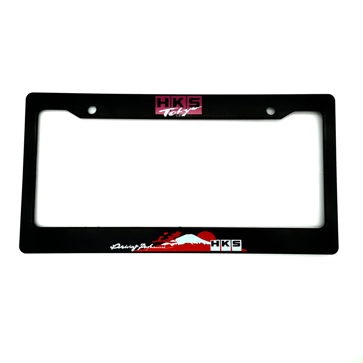 Black license plate frame decoration with HKS logo and a red mountain graphic.