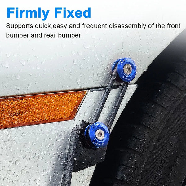 Close-up of a car bumper with blue fixation clips securing the front and rear bumpers.