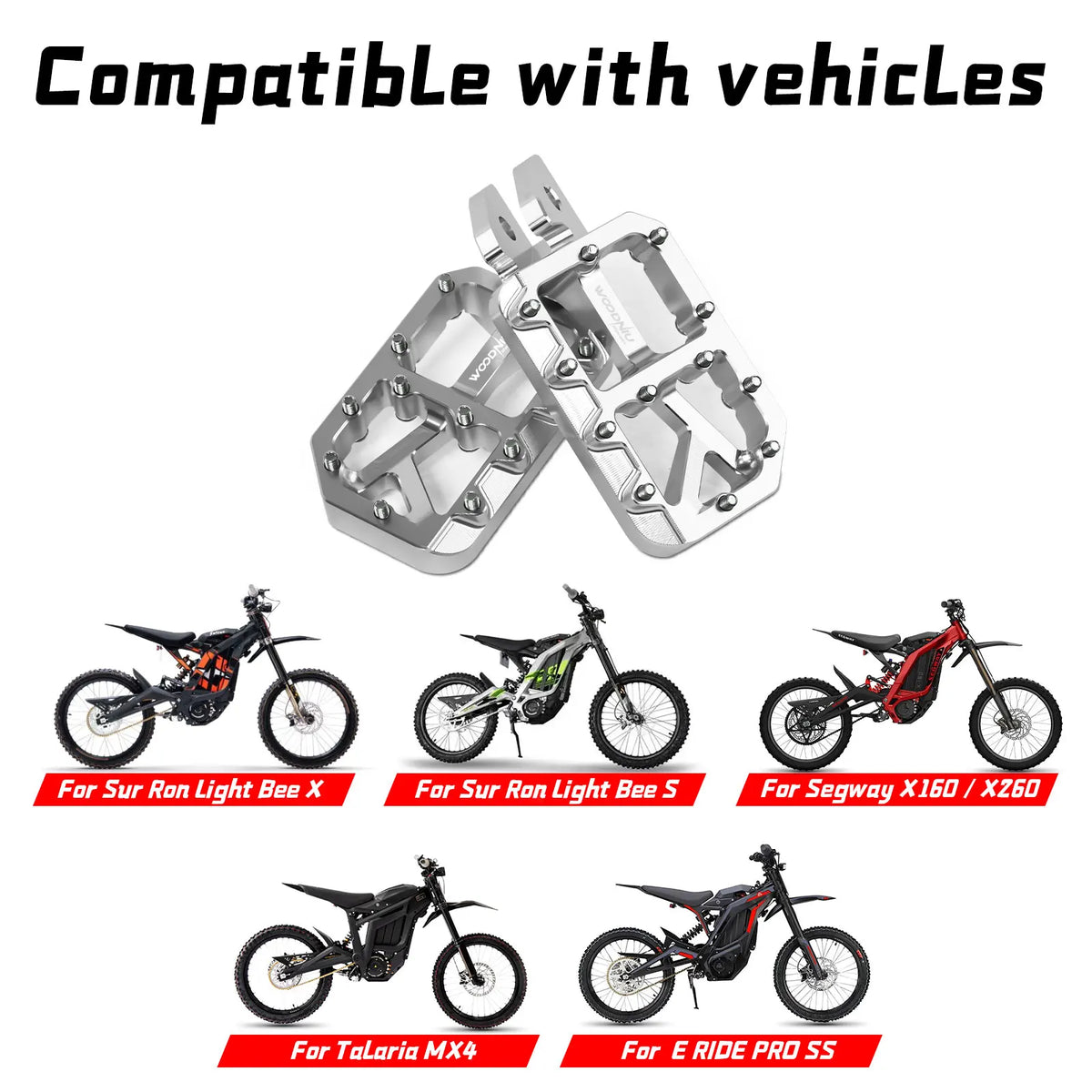 A set of replacement metal pegs for various e-bikes and motorcycles shown with compatibility labels.