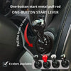 Close-up of a one-button start lever and metal pull rod mechanism for a car, showing four available colors.