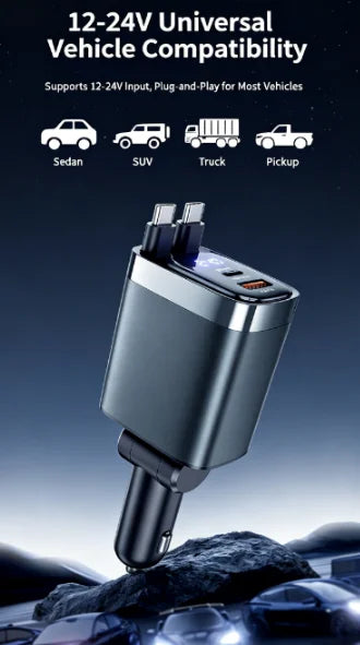 A close-up shot of a black retractable car charger plugged into a vehicle battery connection.