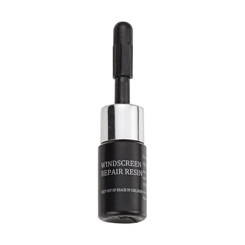 A black bottle of windshield and window repair resin kit with a silver cap.