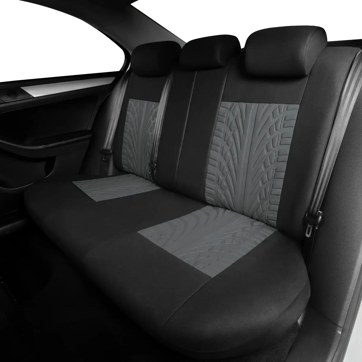 Black leather car seat covers installed on a vehicle bench seat.