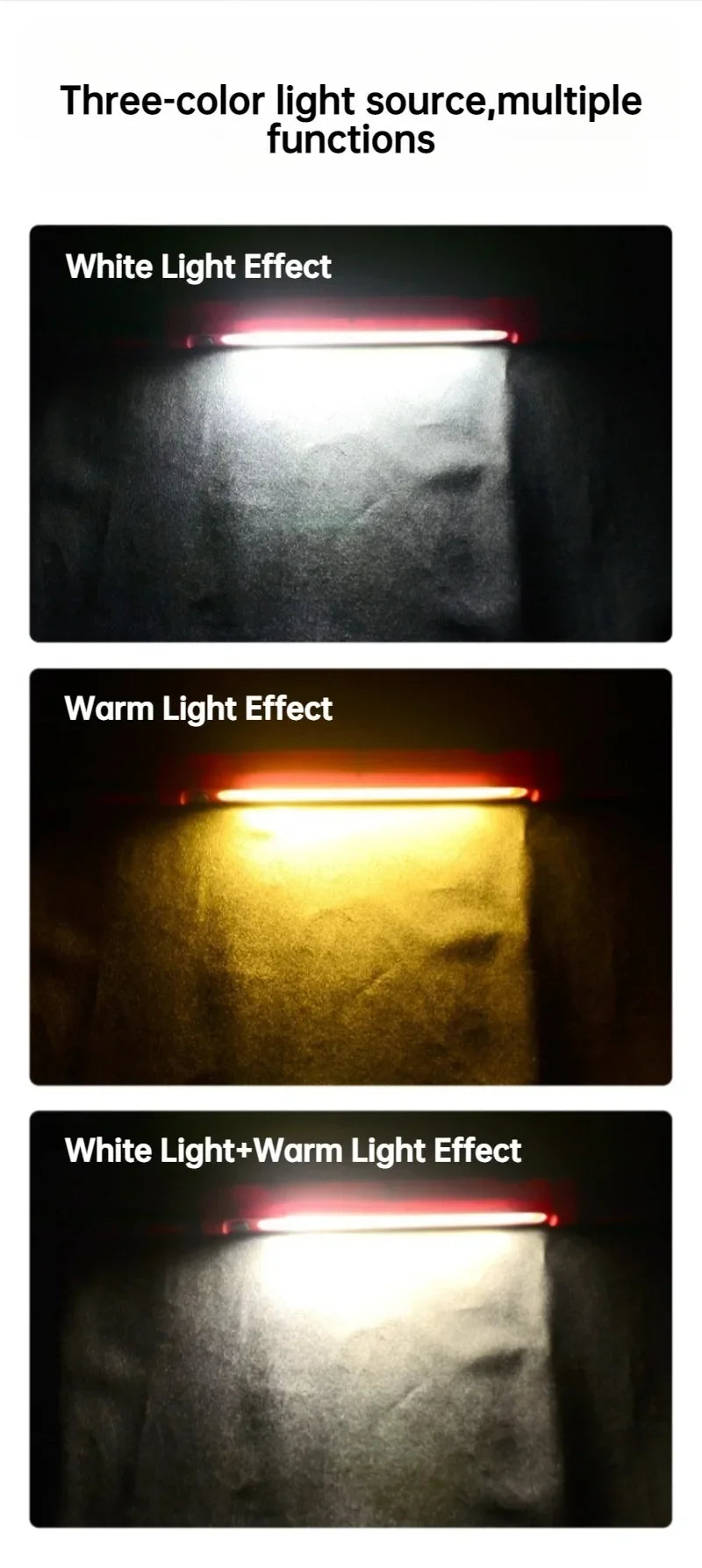 Demonstration of a three-color light source showing white, warm, and combined white and warm light effects.