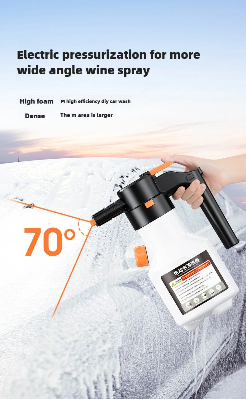 A hand is using an electric pressurization sprayer to spray water onto snow, demonstrating a 70-degree spray angle.