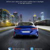 A blue sports car is driving on a road at night, with a security camera system displayed below.