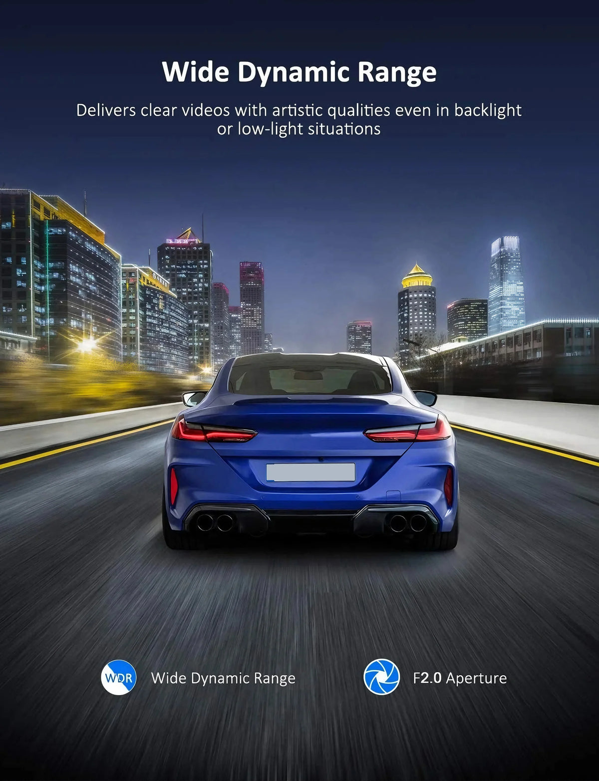 A blue sports car is driving on a road at night, with a security camera system displayed below.