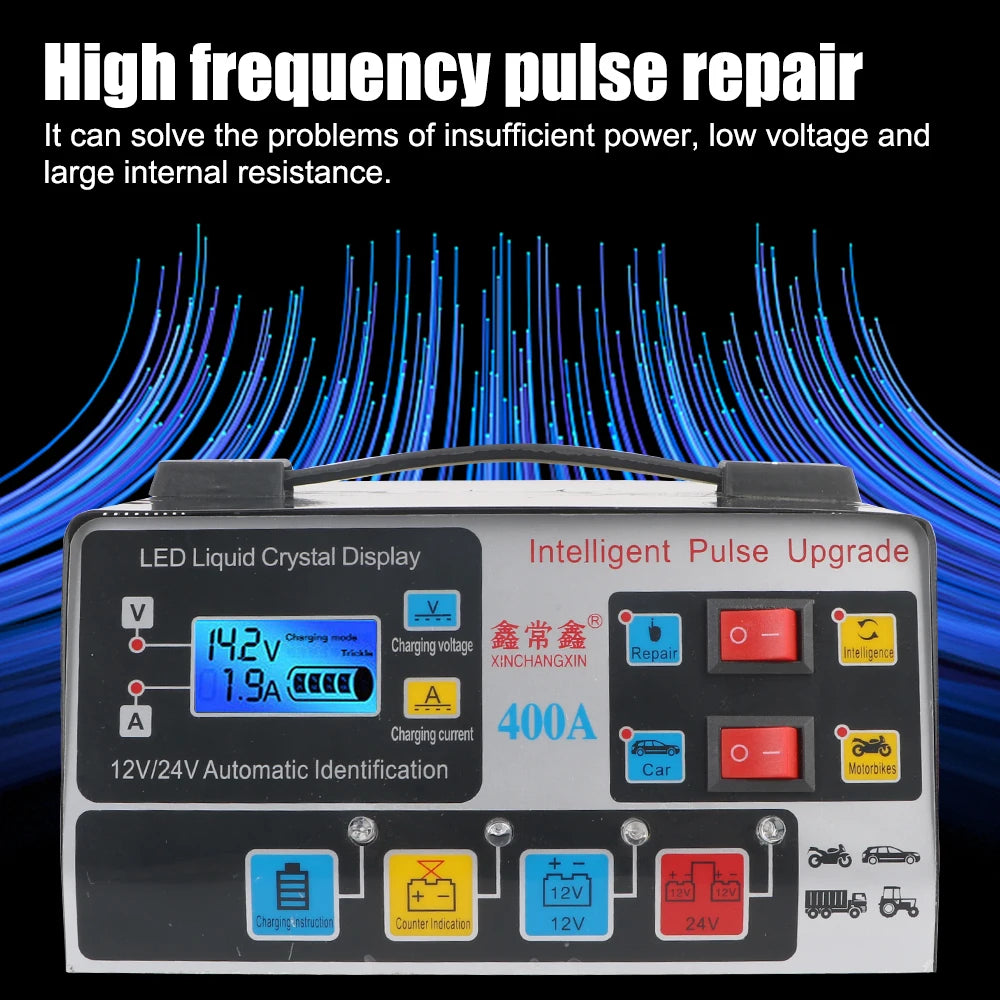 A black LED liquid crystal display battery charger for high frequency pulse repair and intelligent pulse upgrade.