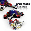 A split mask design for tactical full face motorcycle goggles featuring a colorful, patterned lens.