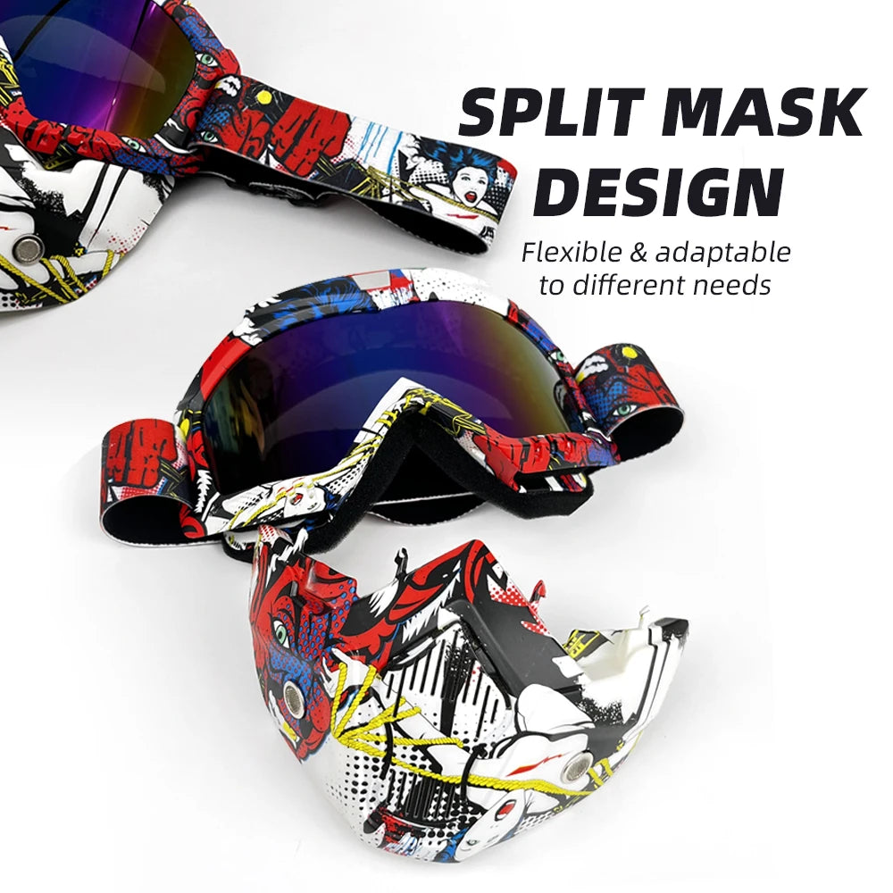 A split mask design for tactical full face motorcycle goggles featuring a colorful, patterned lens.