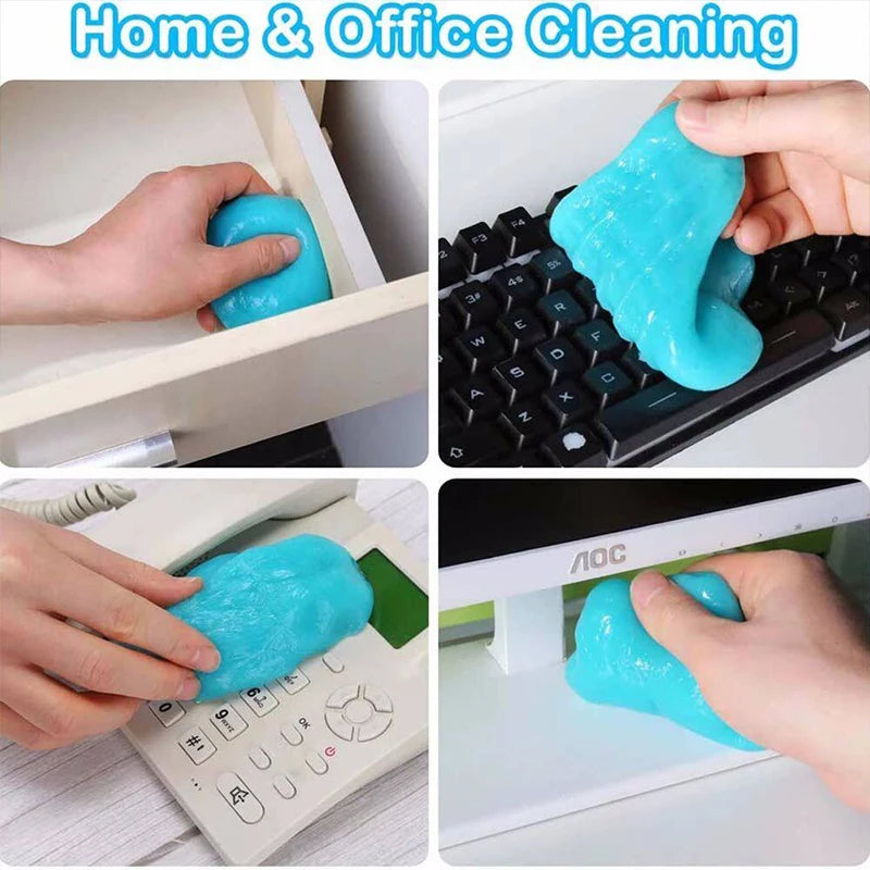 Hands cleaning a laptop keyboard with blue gel cleaner for home and office surfaces