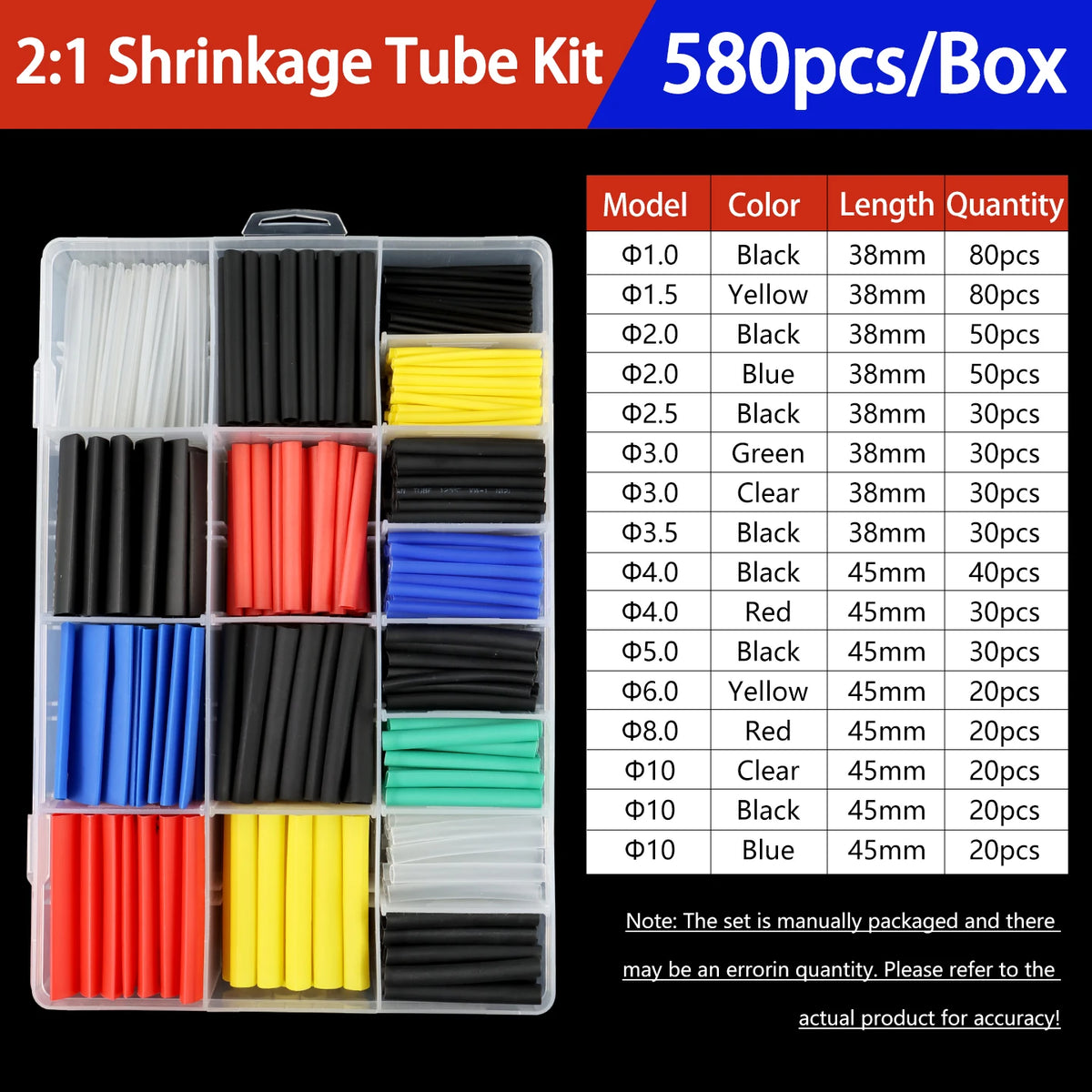 A box of 580 pieces of various colored heat shrink tubing, including black, yellow, blue, and red, packaged in clear plastic.