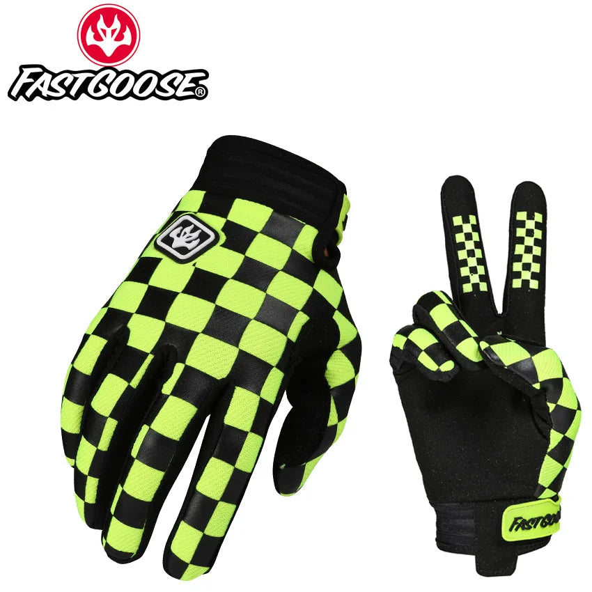 Gants de moto à carreaux noir et jaune fluo, vue de la paume.