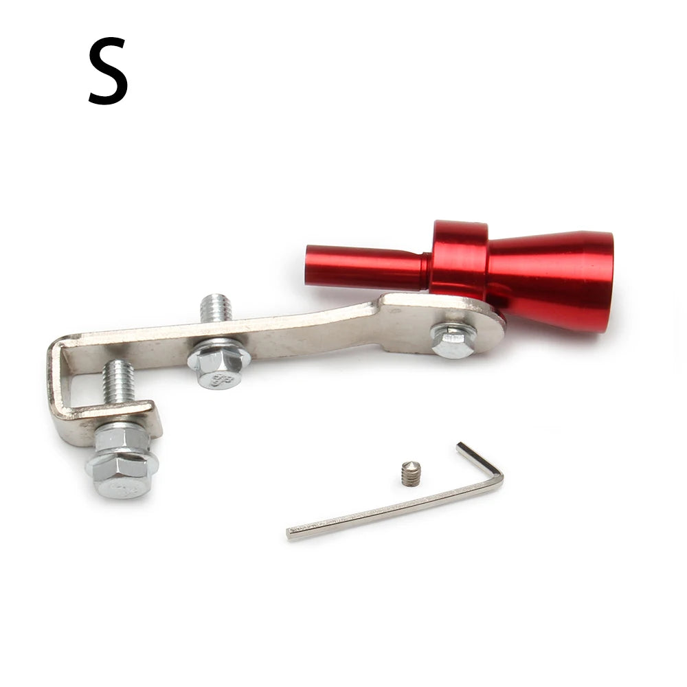 A silver universal turbo exhaust whistle with a red plastic horn and mounting hardware.