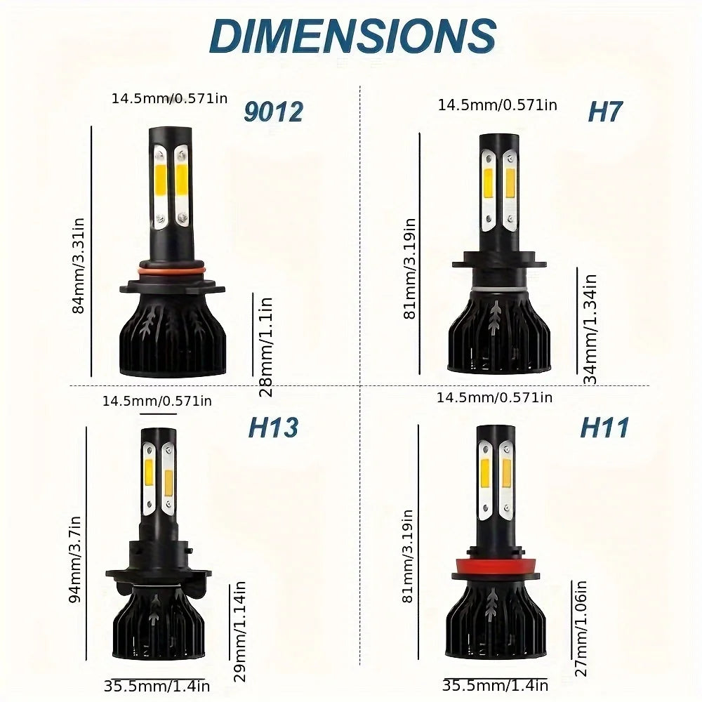 Diagram showing the dimensions of various high-performance car LED bulbs including H9012, H7, H13, and H11.