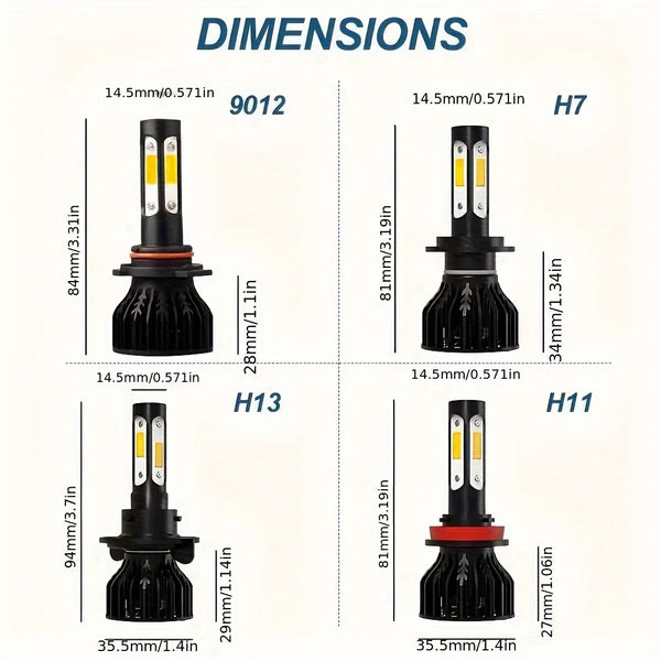 Diagram showing the dimensions of various high-performance car LED bulbs including H9012, H7, H13, and H11.