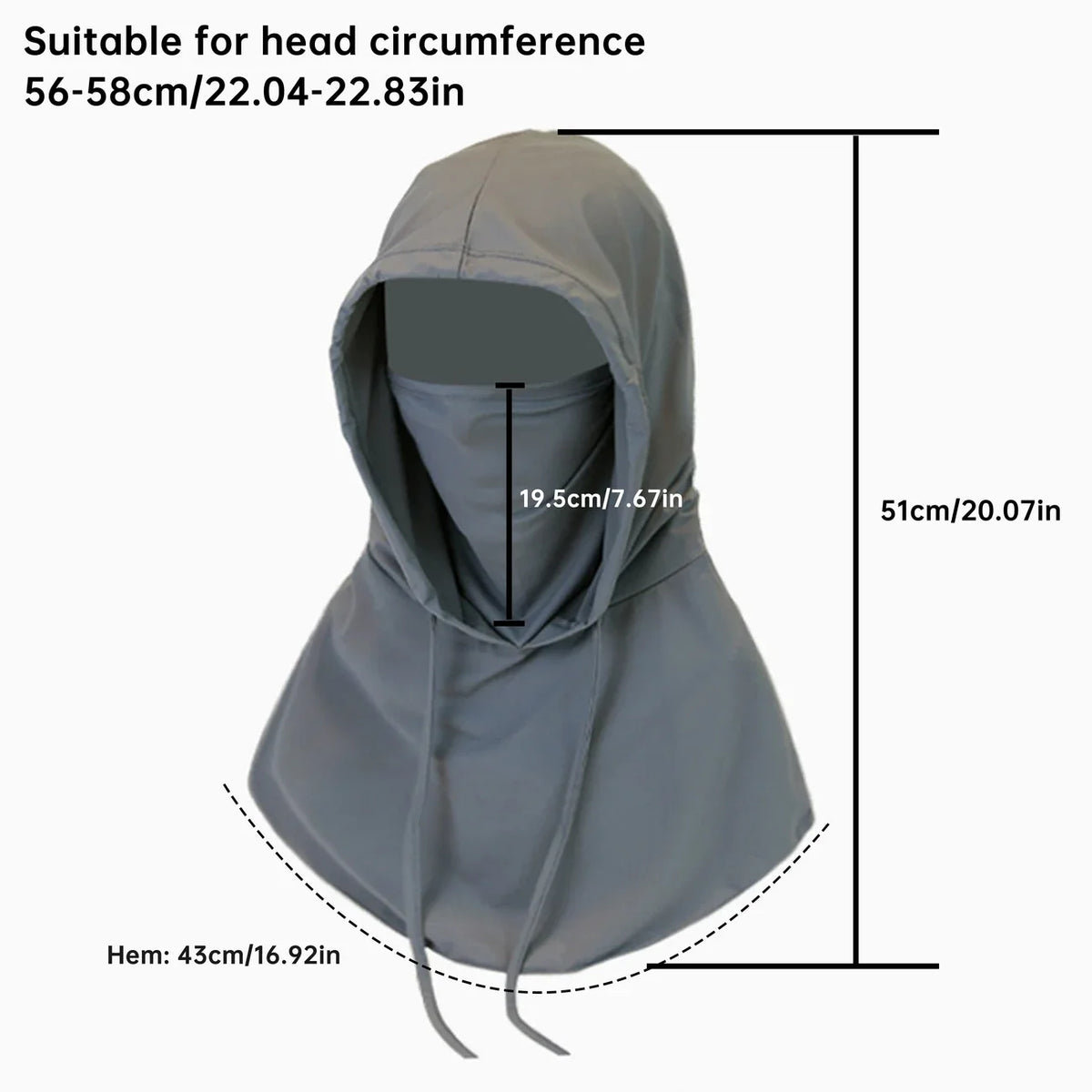 Gray UV protection cooling balaclava face mask shown with measurements for head circumference and length.