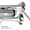 Silver chrome plated zinc air horn kit with a silver horn and internal components