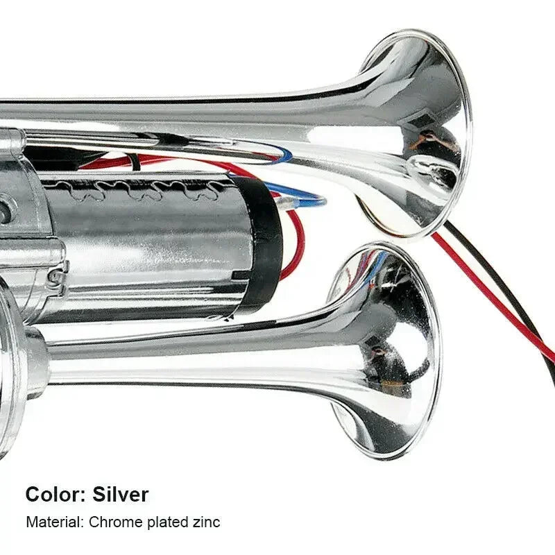 Silver chrome plated zinc air horn kit with a silver horn and internal components