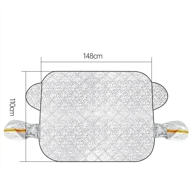 A square car windshield sunshade and snow protector with a mesh surface and handles, shown with dimensions 148cm by 110cm.