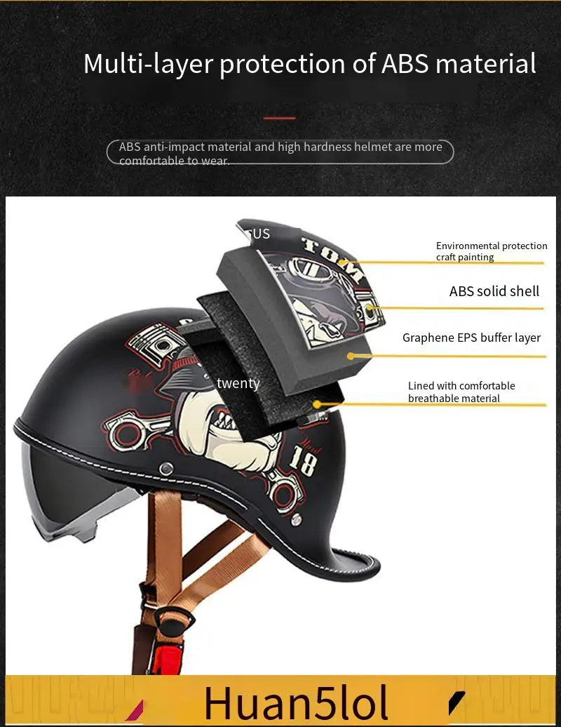 Schwarzer Vintage-Motorradhelm aus ABS-Material mit Grafikdesign und Schutzschichten.