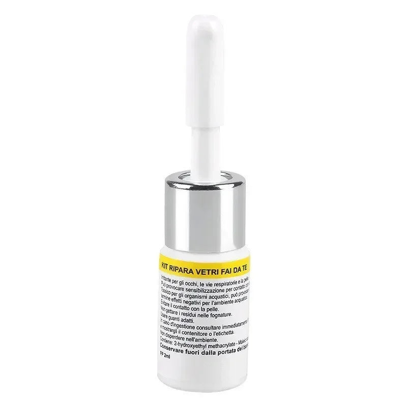 A small glass bottle containing a windshield and window repair resin kit
