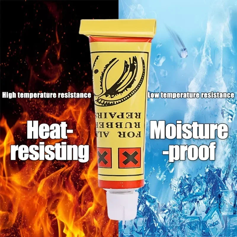 Kit de colle pour tube avec étiquettes jaune et rouge, devant un fond de feu et de glace.