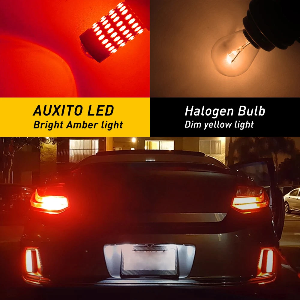 A close-up of a car's rear lights showing an Auxito LED brake light and a Halogen bulb.