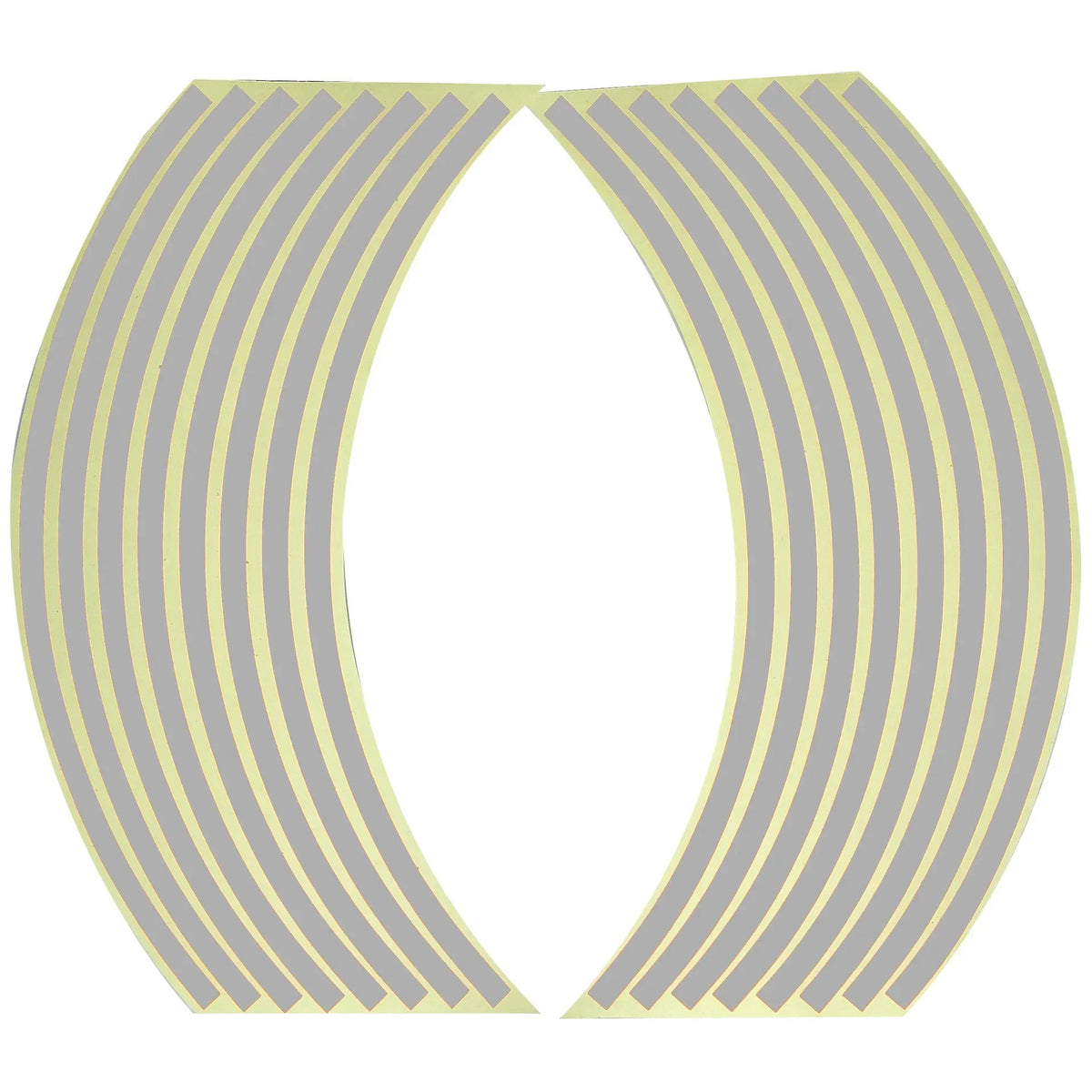 A pair of reflective wheel rim strips with parallel light gray stripes forming a curved, V-shape.