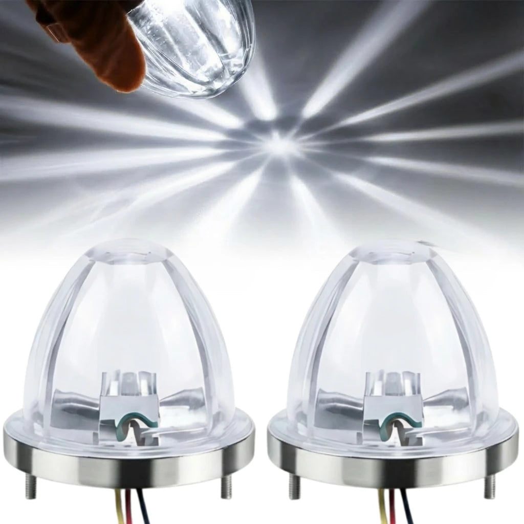 Two clear dual watermelon LED marker lights with silver bases and electrical connections