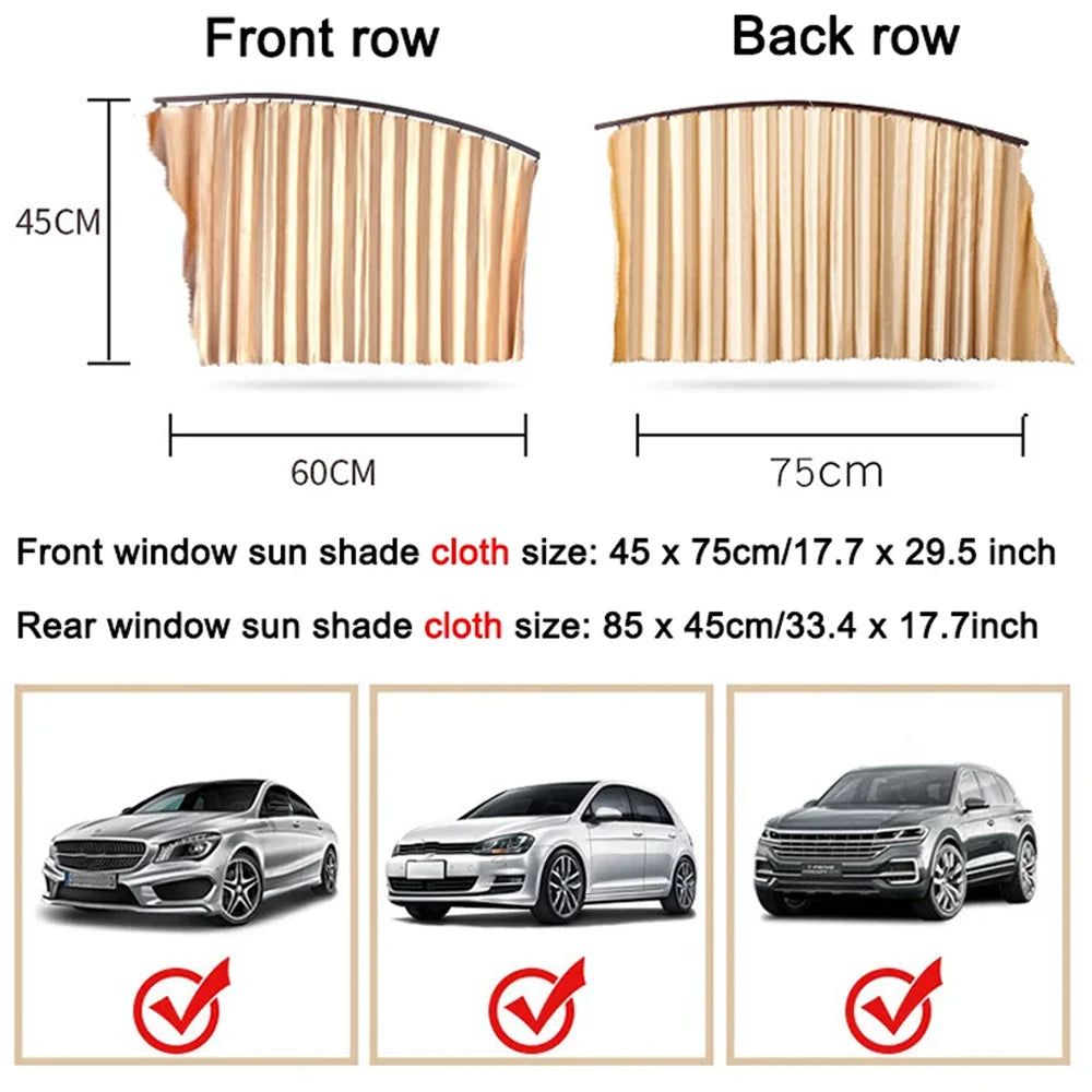 Front and back rows of magnetic car window sun shades in beige fabric.
