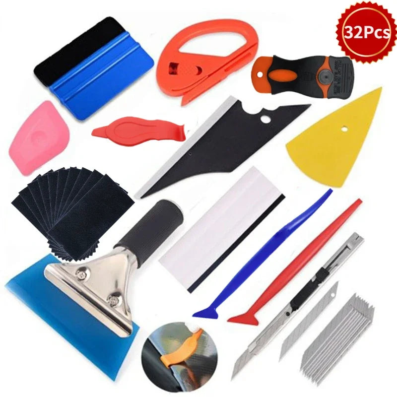 A kit of professional car vinyl wrap tools including various cutting and shaping blades and tools.