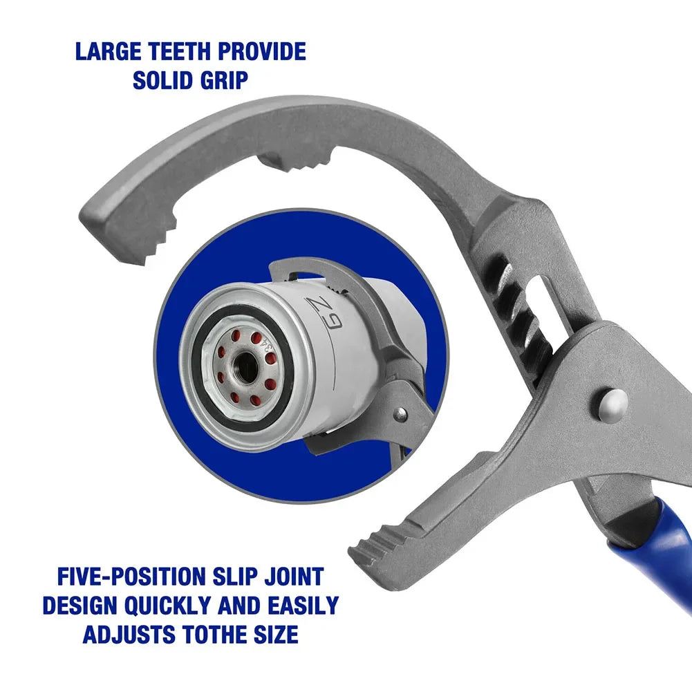 A gray adjustable oil filter pliers tool with a large tooth grip and a five-position slip joint design.