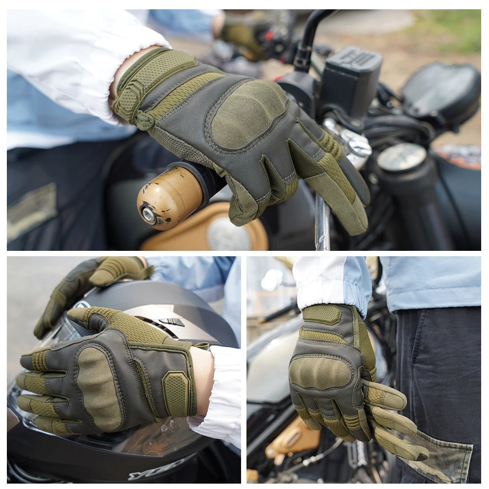 Tactical hard-shell gloves with touchscreen grip shown on a hand gripping a motorcycle handlebar.