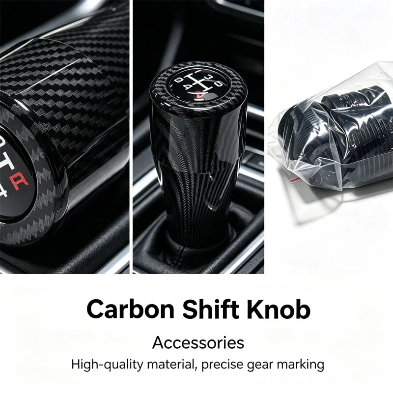 Close-up view of a black carbon shift knob accessory with precise gear markings.